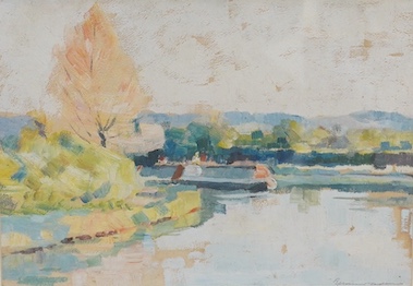 Bernard Adams (1884-1965), oil on card, Riverscape, signed, 26 x 36cm. Condition - fair to good